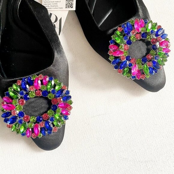 Zara Colourful  Rhiniestone Detail Balck Satin Flats 37 - Picture 6 of 6